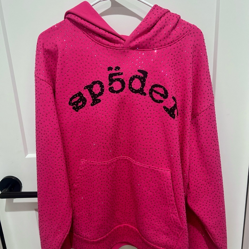 Sp5der pink aos rhinestone hoodie